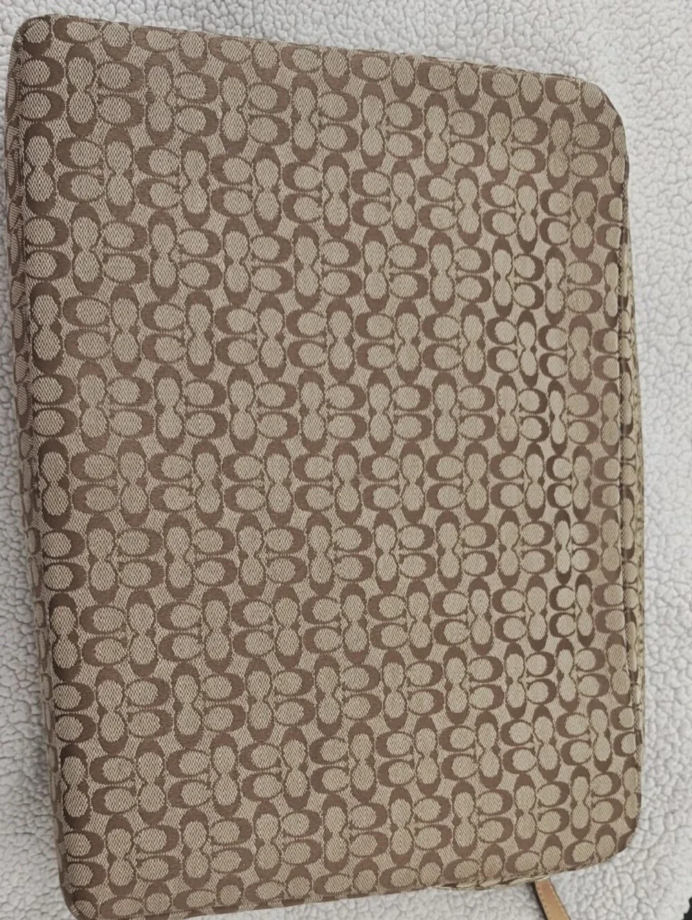 Coach Brown Signature Canvas Laptop Sleeve with Tan Leather Stripe